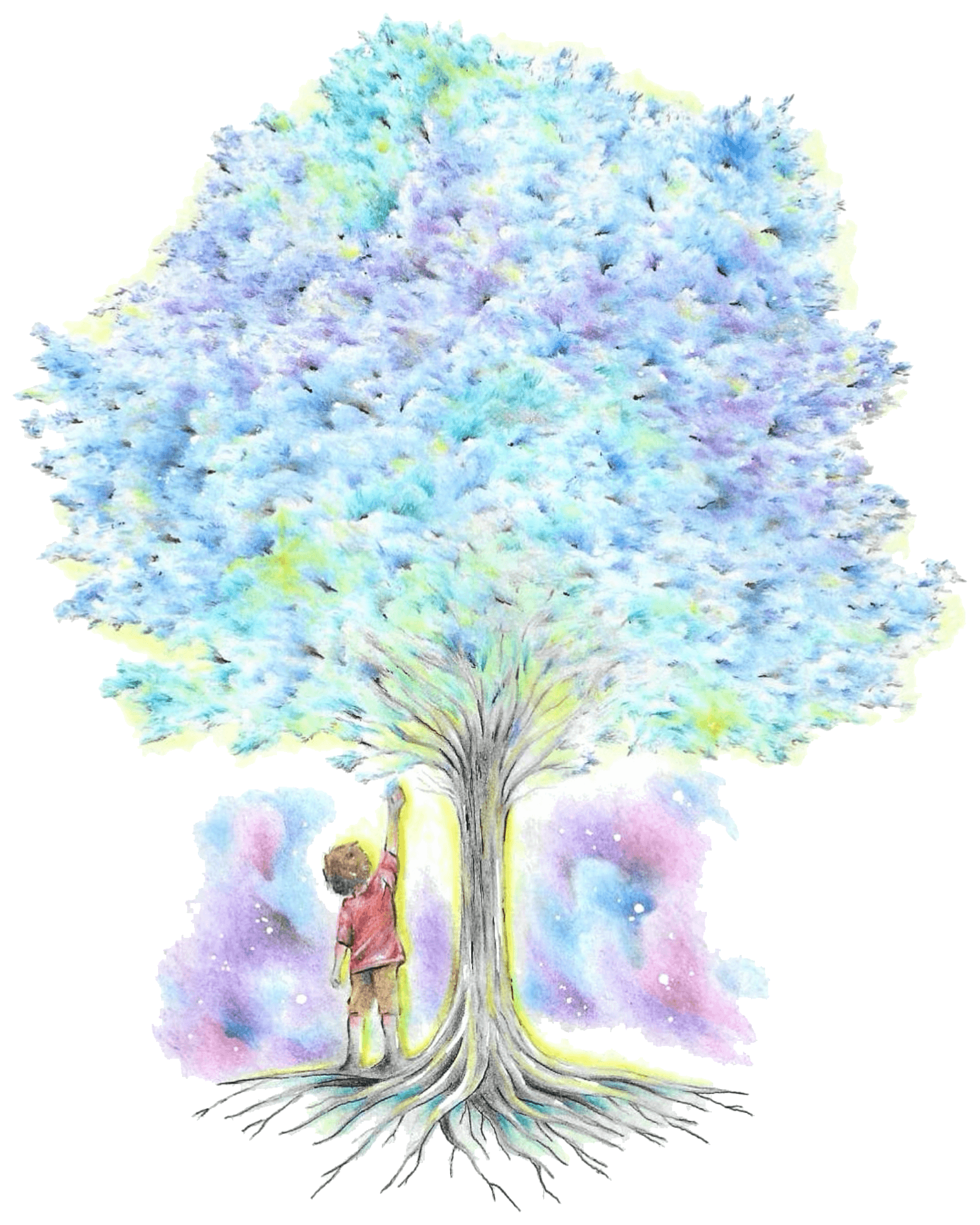Aquarelle d'un arbre au feuillage bleu et lavande ; un enfant en t-shirt corail s'appuie contre le tronc, entouré d'un halo lumineux.